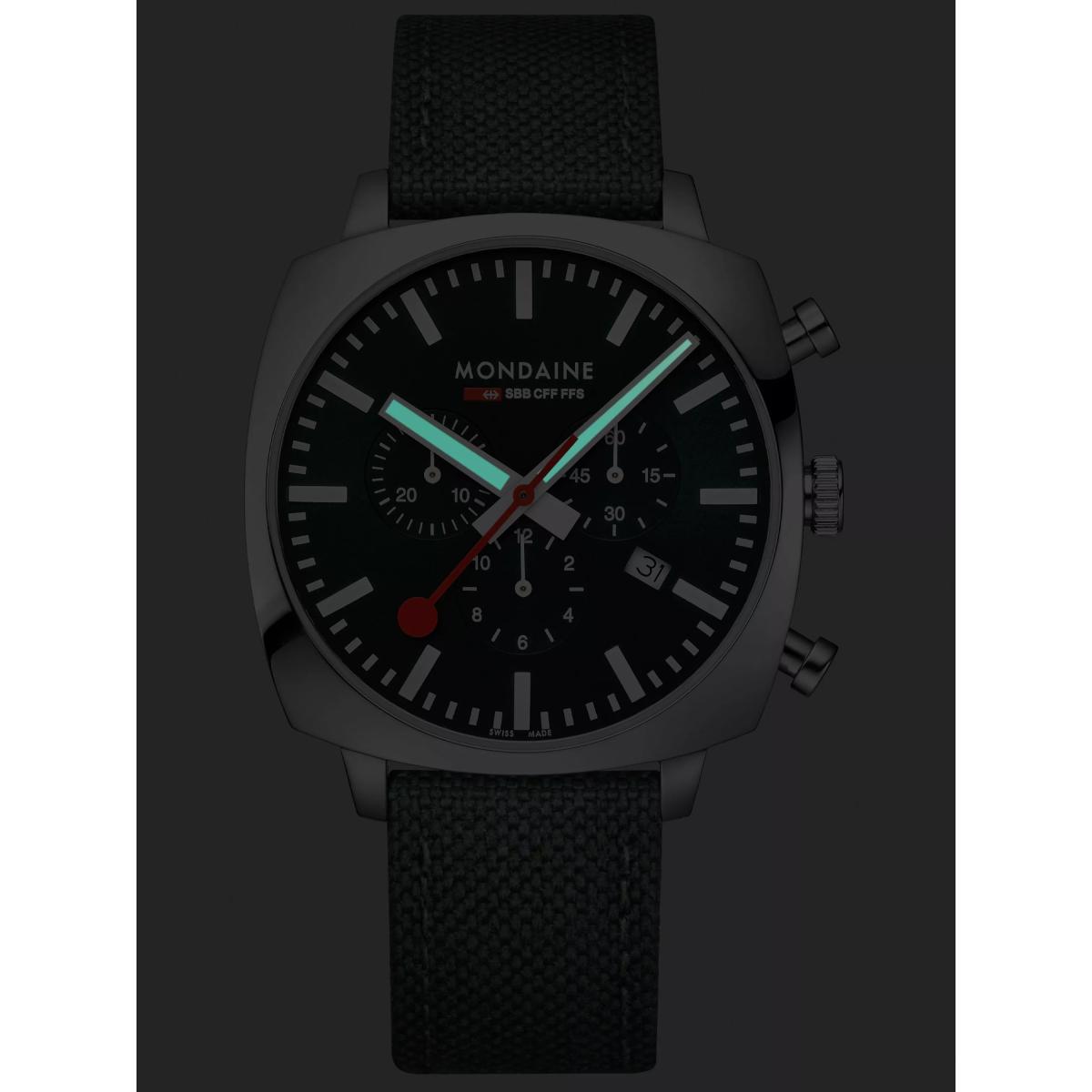 Mondaine MSL.41460.LF.SET Men's Grand Cushion Date Chronograph Fabric Strap Watch, Green – image 9
