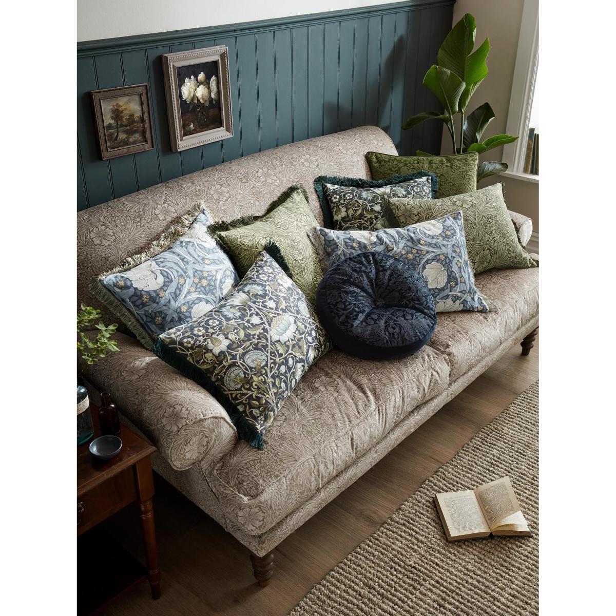 William Morris At Home Strawberry Thief Small Square Embossed Velvet Cushion, Blue – image 3
