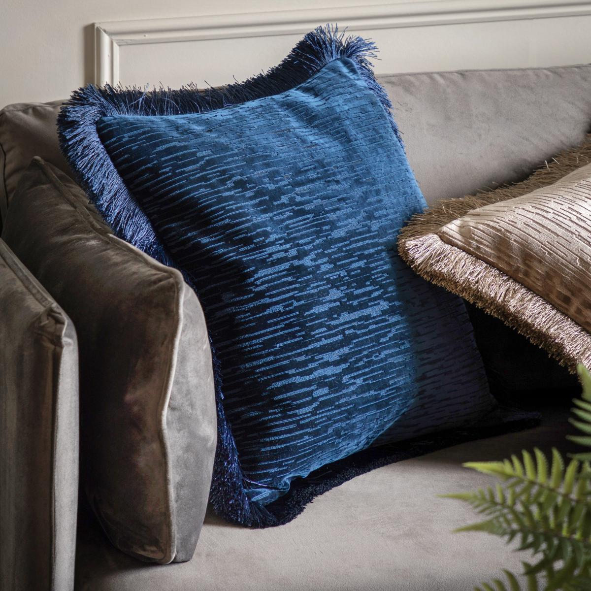 Cut Velvet Fringe Cushion - Blue – image 1