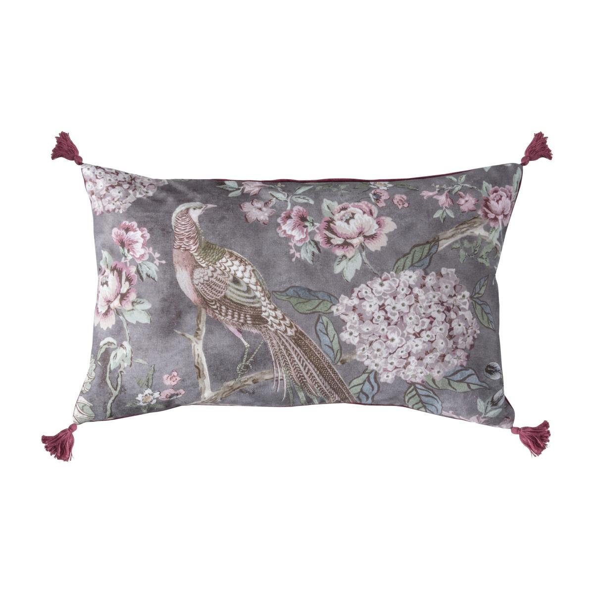 Floral Partridge Tassel Cushion - Blush