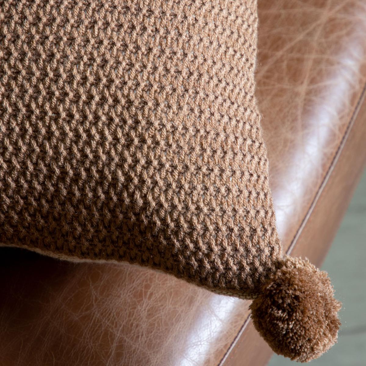 Moss Stitched Pom Pom Cushion - Tan – image 2