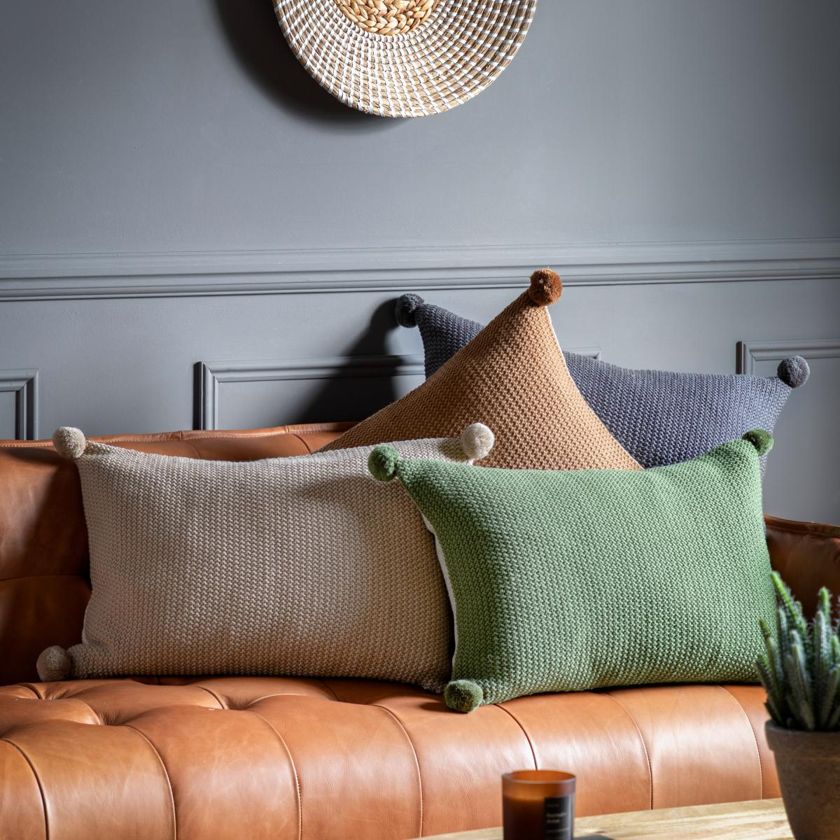 Moss Stitched Pom Pom Cushion - Tan – image 5