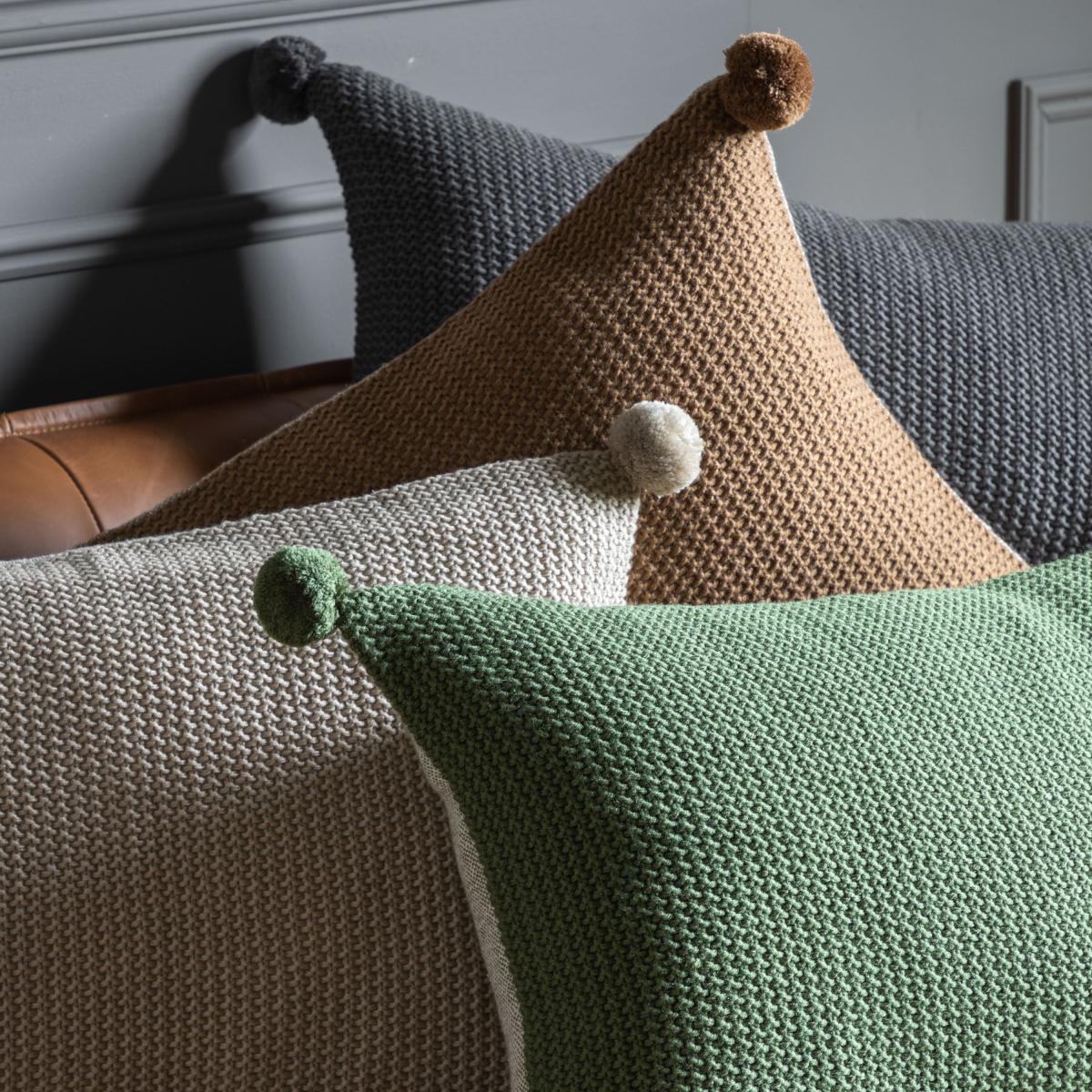 Moss Stitched Pom Pom Cushion - Tan – image 6