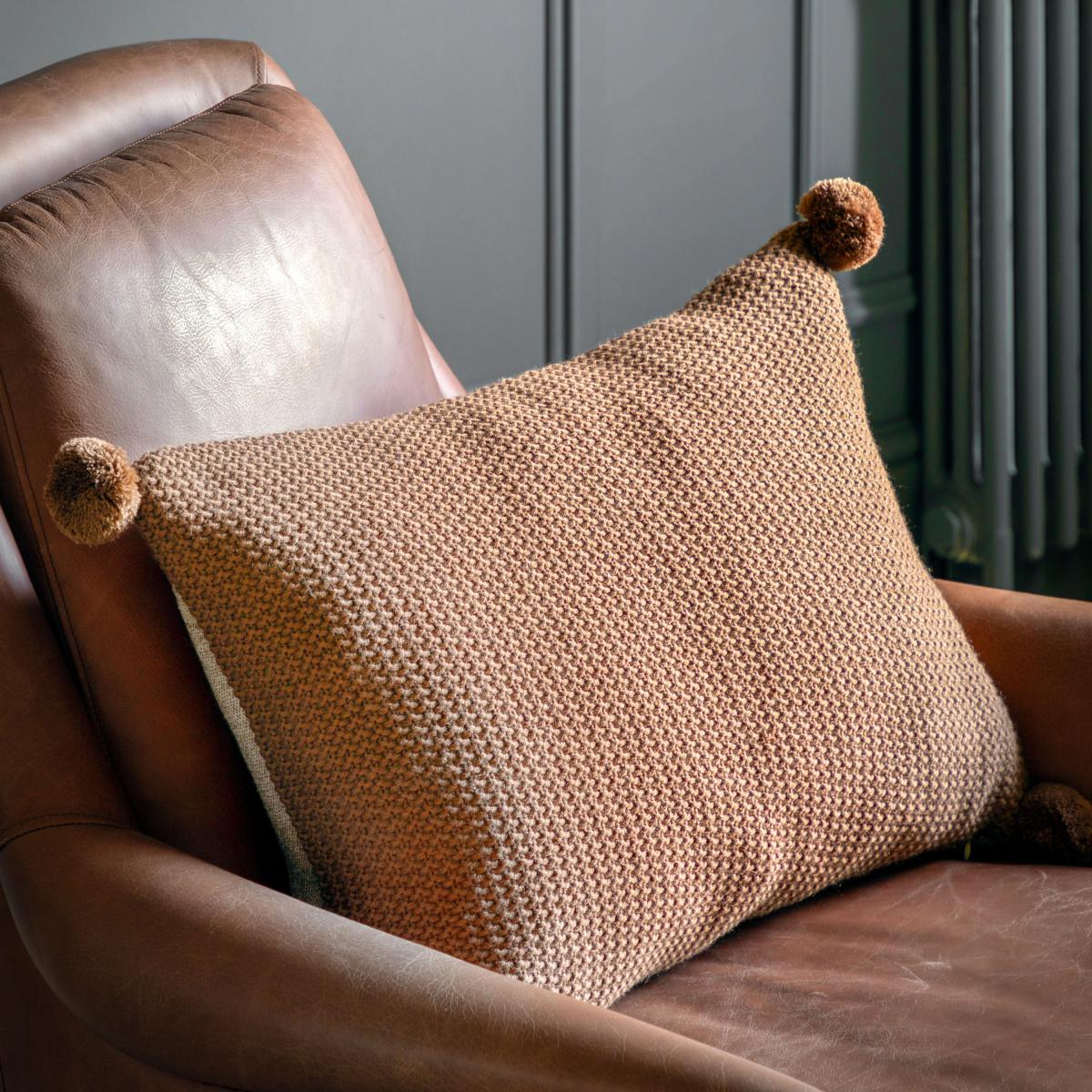 Moss Stitched Pom Pom Cushion - Tan – image 1
