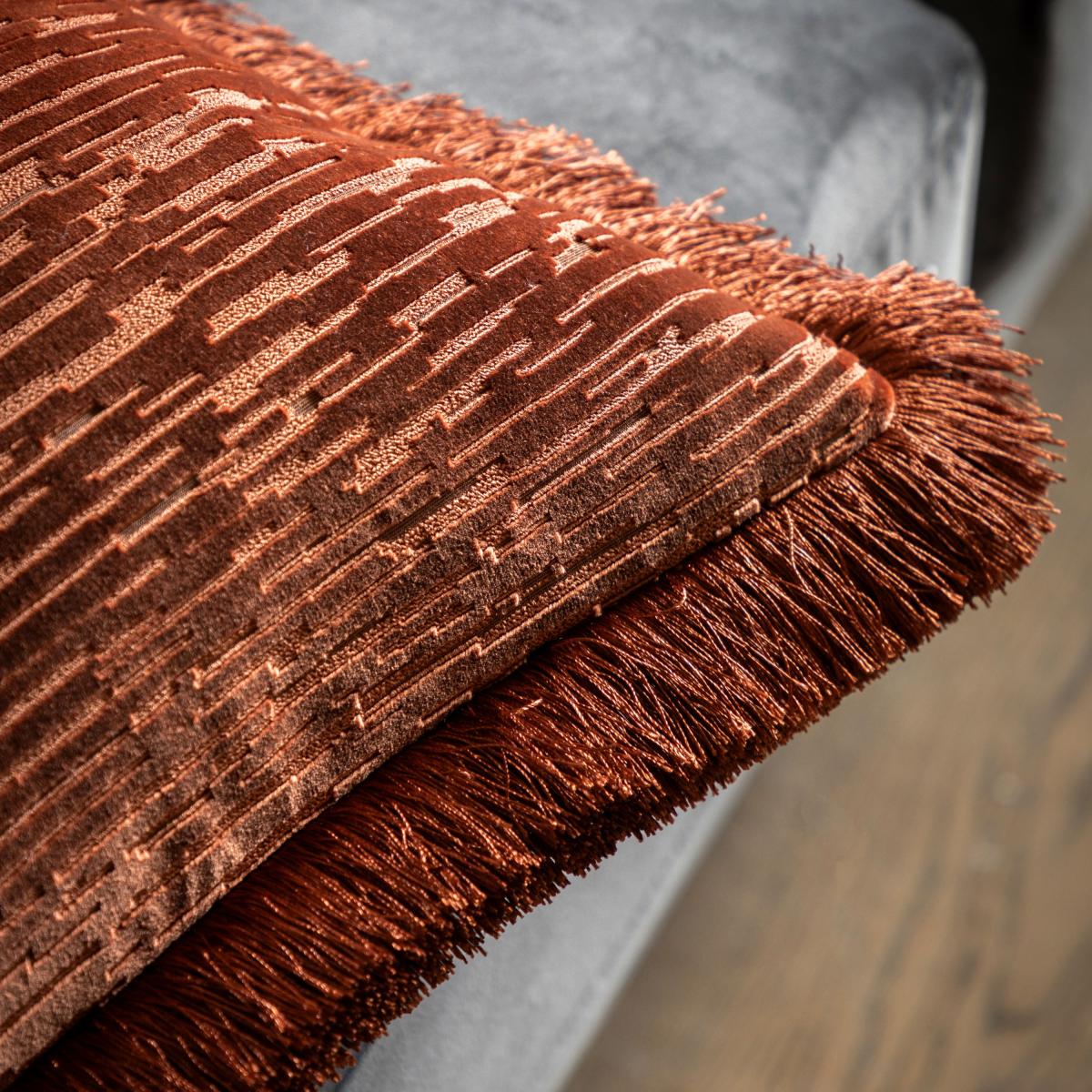 Cut Velvet Fringe Cushion - Terracotta – image 2