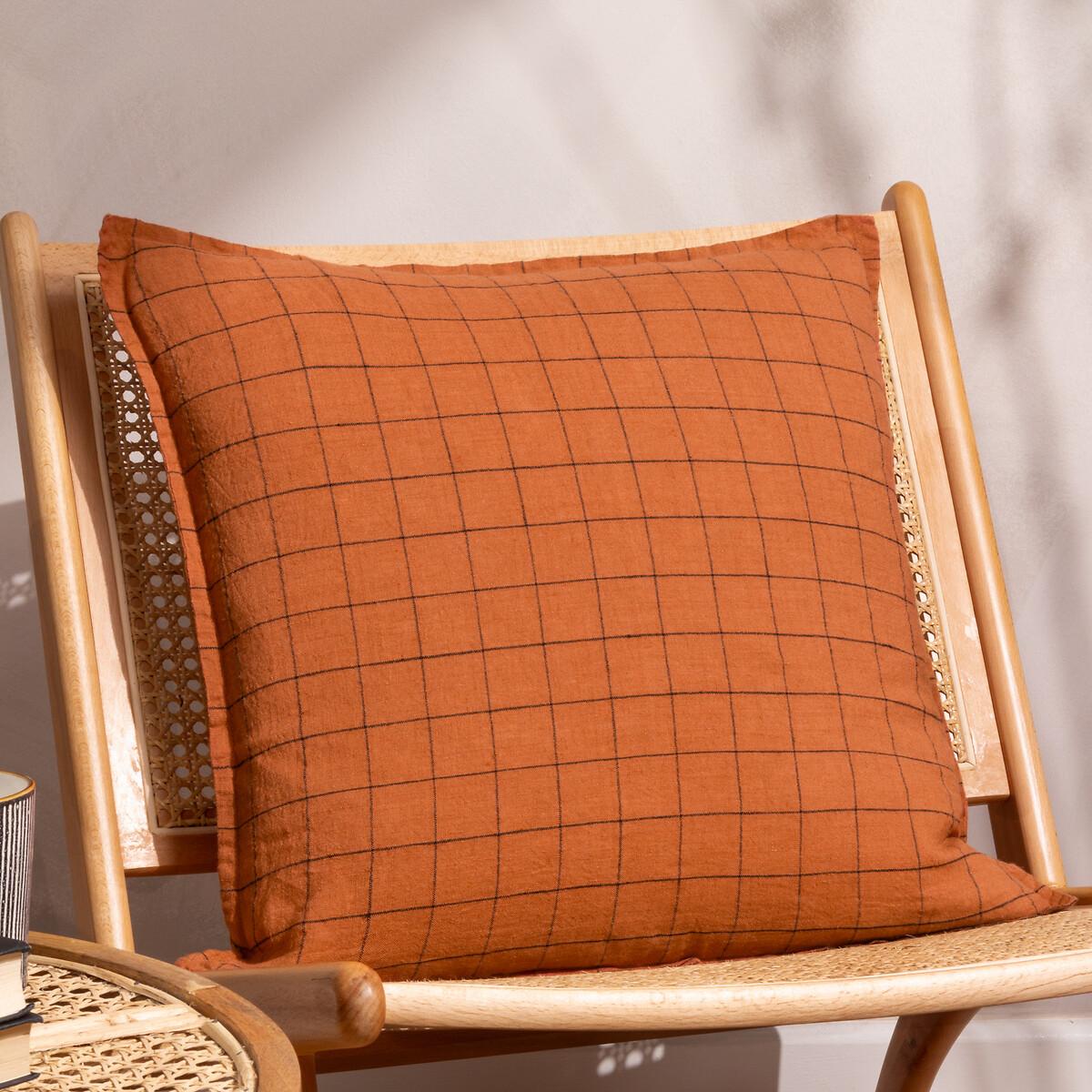 Linen Grid Check Feather Filled Cushion – image 1