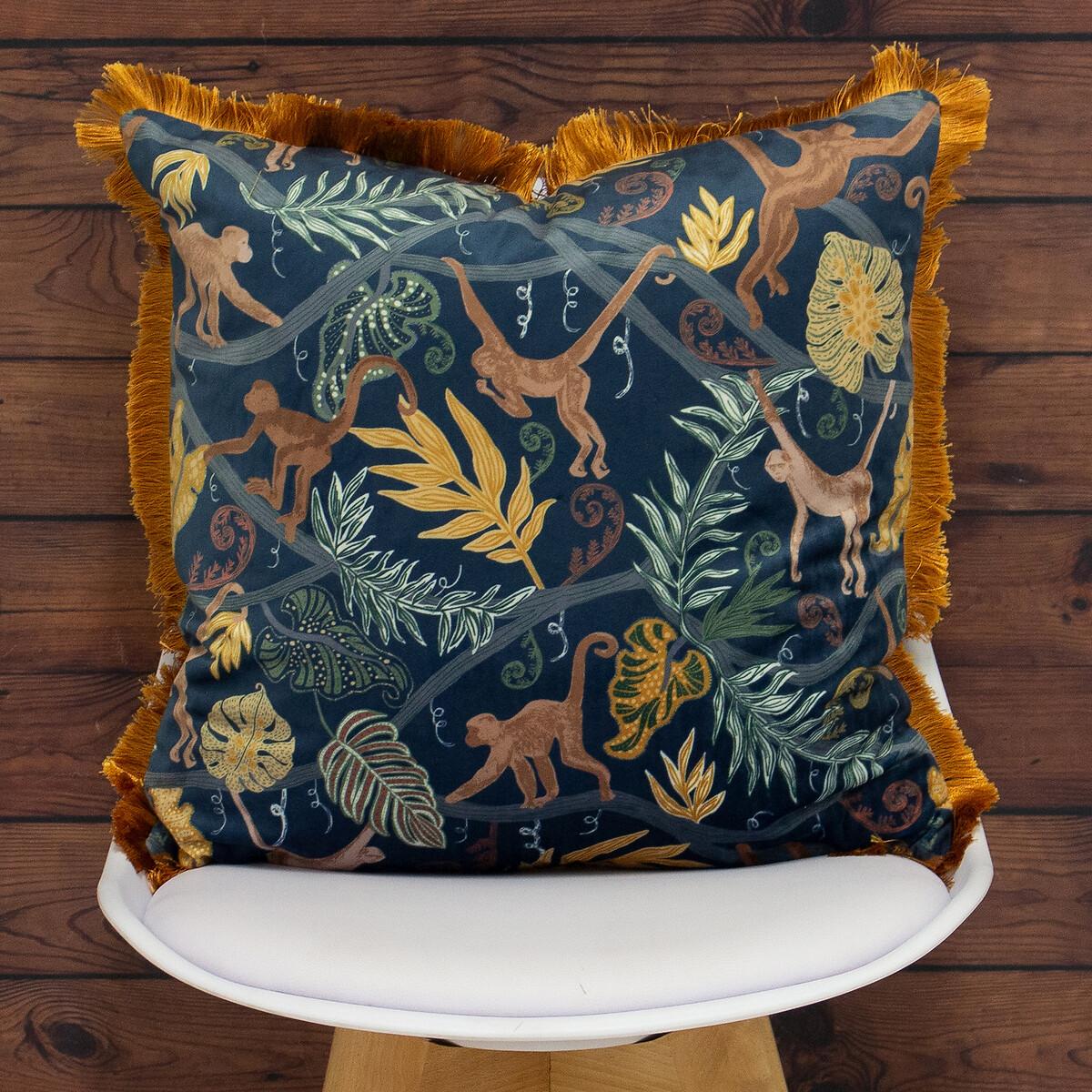 Monkey Forest Blue Fringed Filled Cushion 50x50cm – image 1