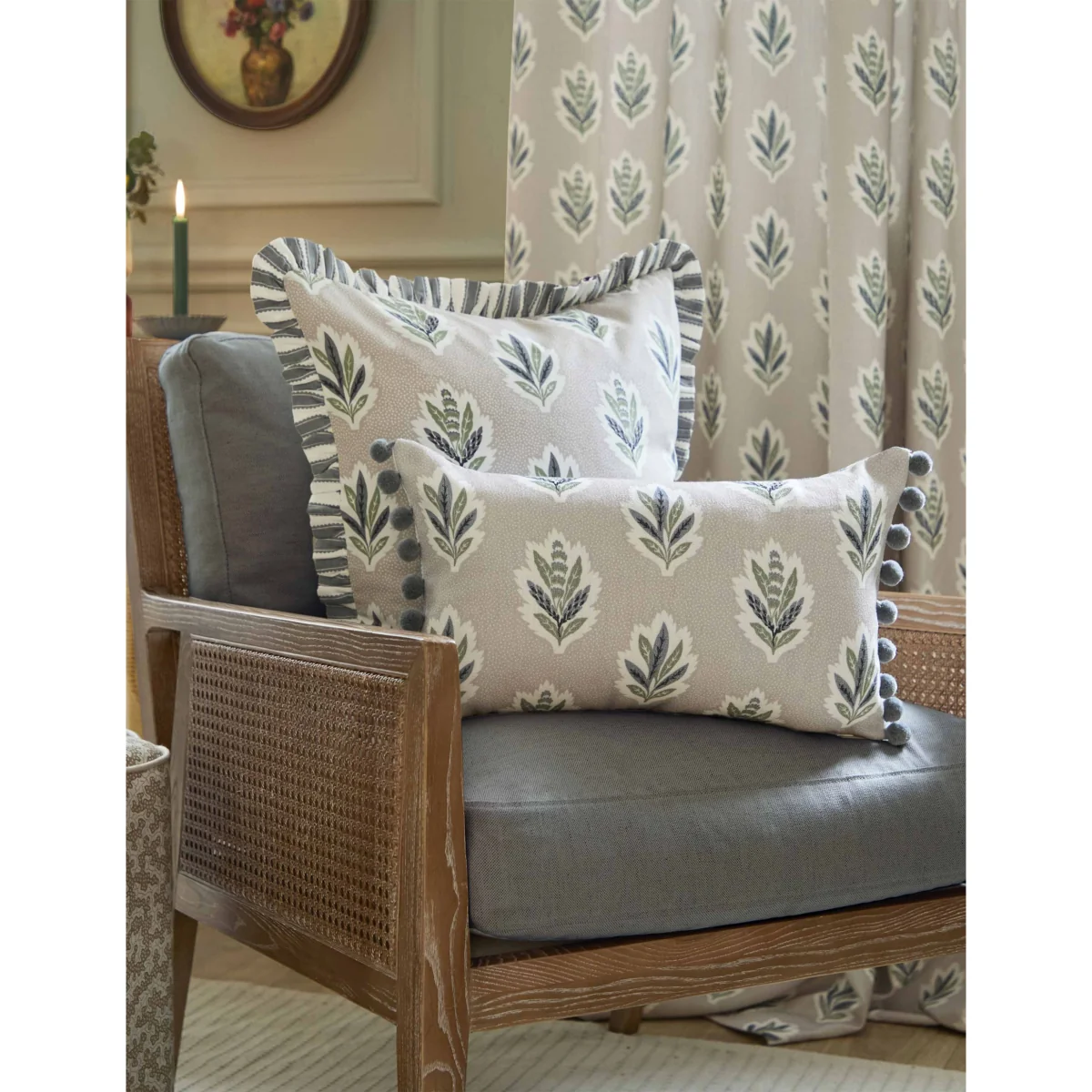 Sanderson Sessile Leaf Striped Pom Pom Cushion Blue Mix – image 2