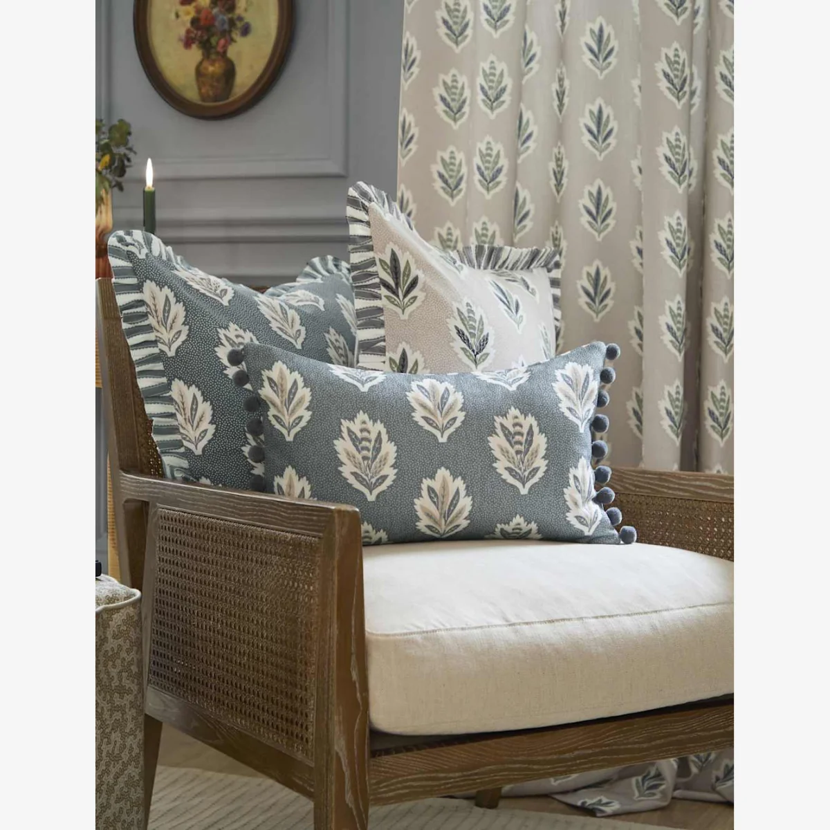 Sanderson Sessile Leaf Striped Pom Pom Cushion Blue Mix – image 1