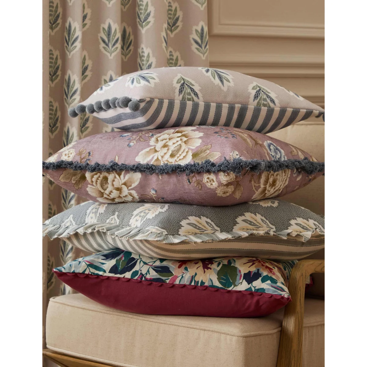 Sanderson Sessile Leaf Striped Pom Pom Cushion Natural Mix – image 3