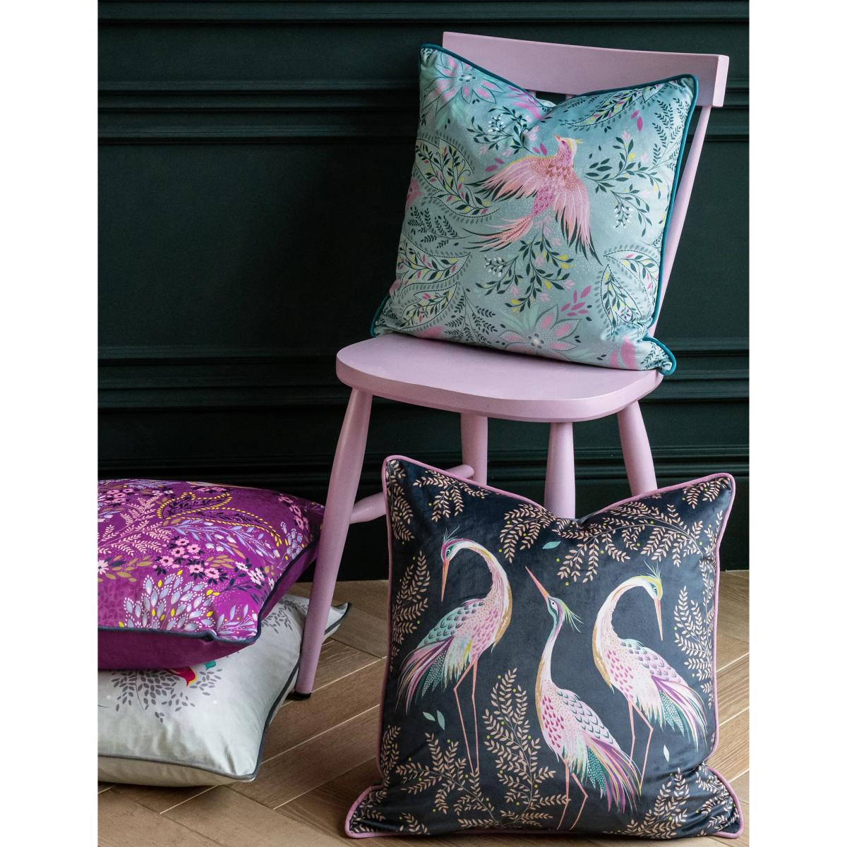 Sara Miller Velvet Dancing Cranes Piped Cushion - Midnight, Midnight – image 2