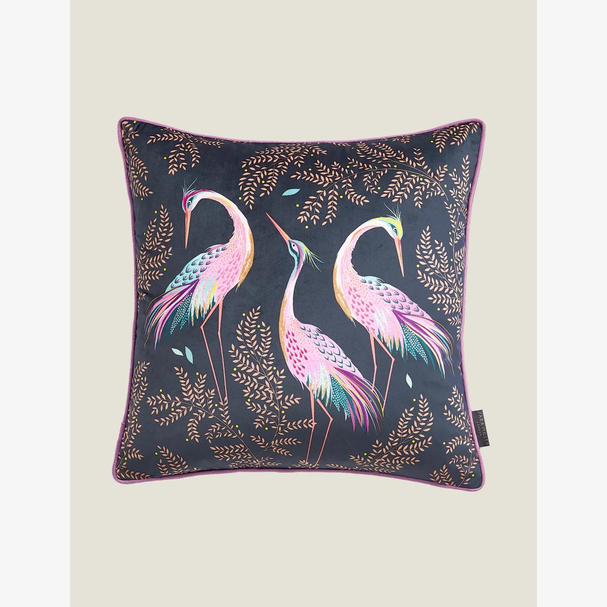 Sara Miller Velvet Dancing Cranes Piped Cushion - Midnight, Midnight – image 1