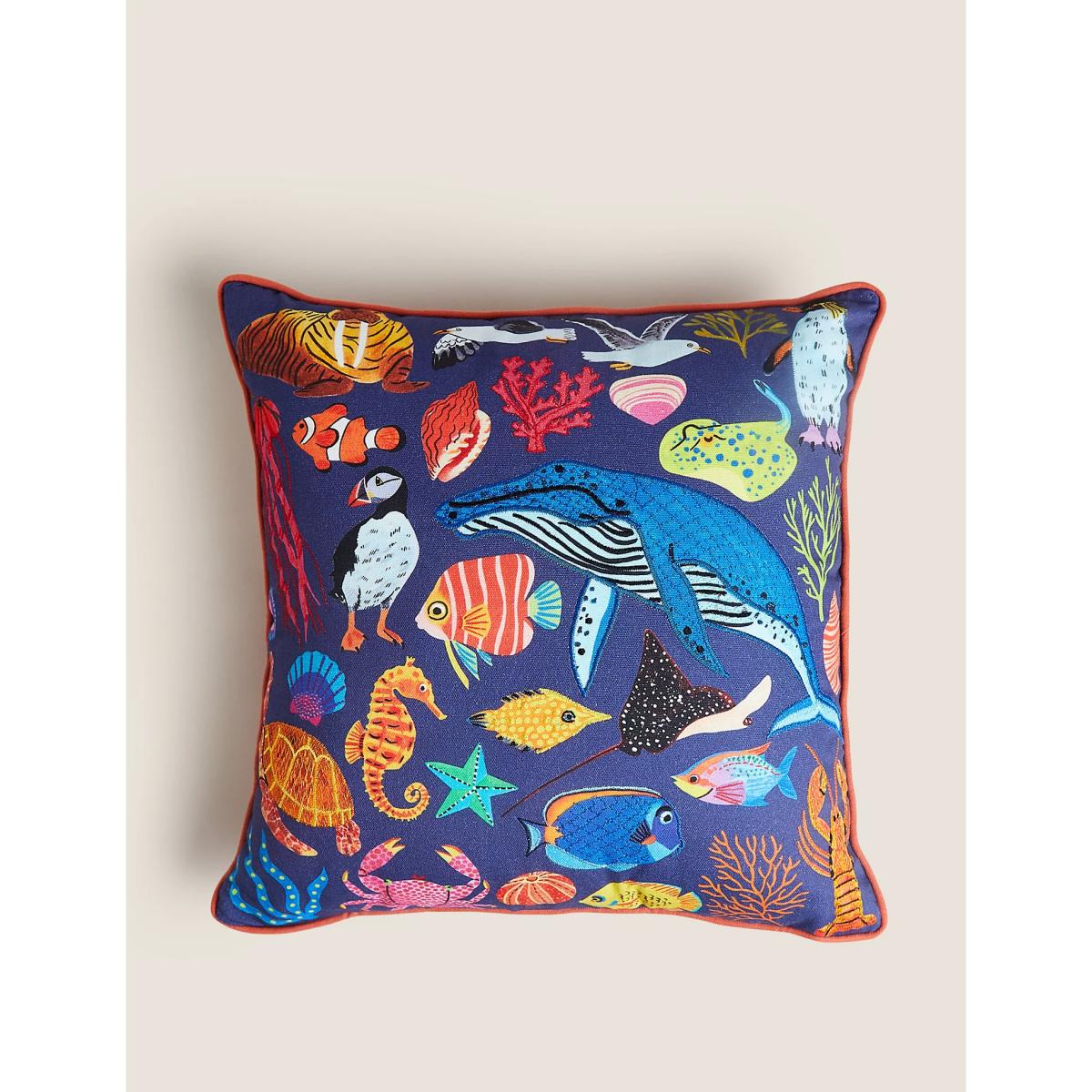 M&S Pure Cotton Under the Sea Embroidered Cushion - Blue Mix, Blue Mix – image 2