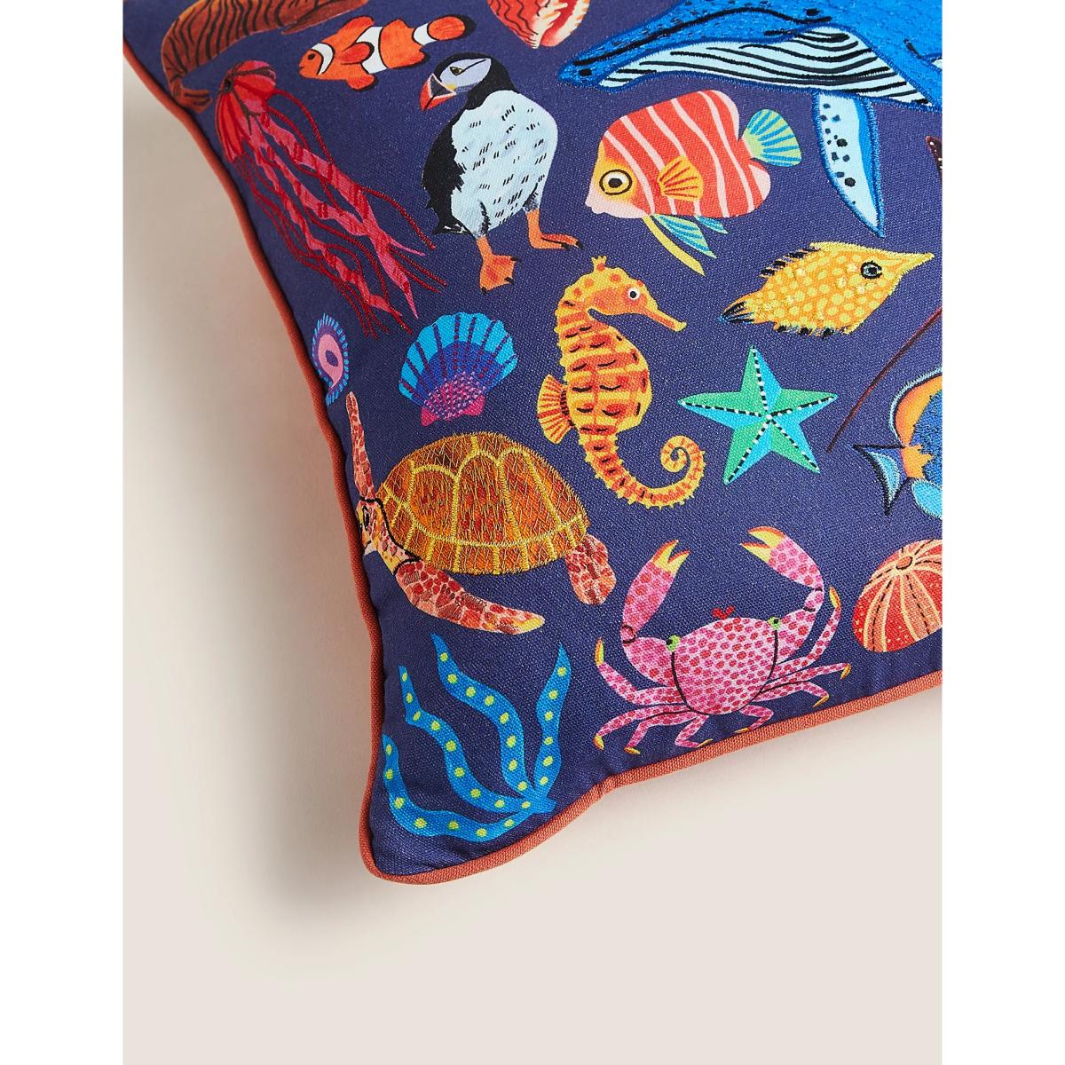 M&S Pure Cotton Under the Sea Embroidered Cushion - Blue Mix, Blue Mix – image 5