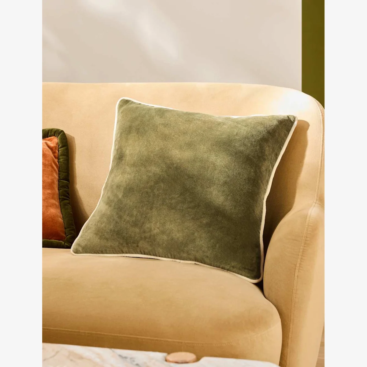 MADE Bailey Brushed Cotton Velvet Piped Cushion Green Mix – image 1