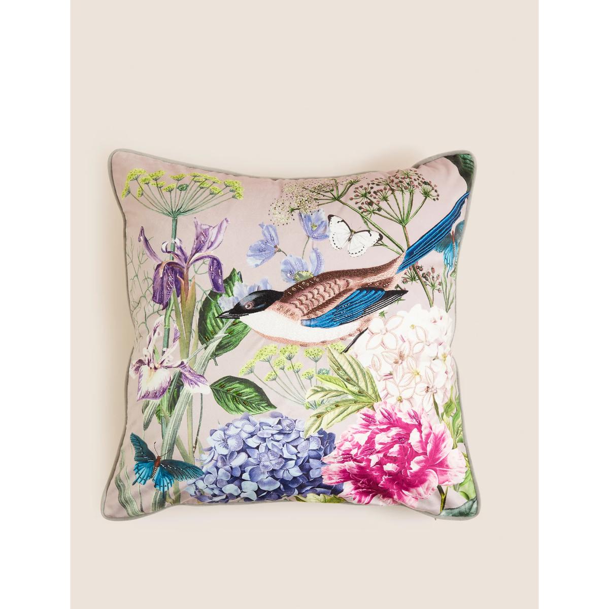 M&S Bird Floral Embellished Cushion - Green Mix, Green Mix – image 4