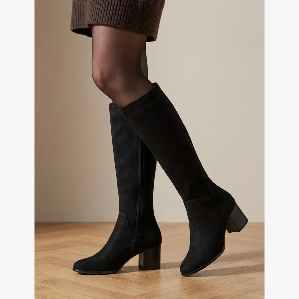 Jones Bootmaker Cushioned Zip Up Block Heel Knee High Boots Black – image 1