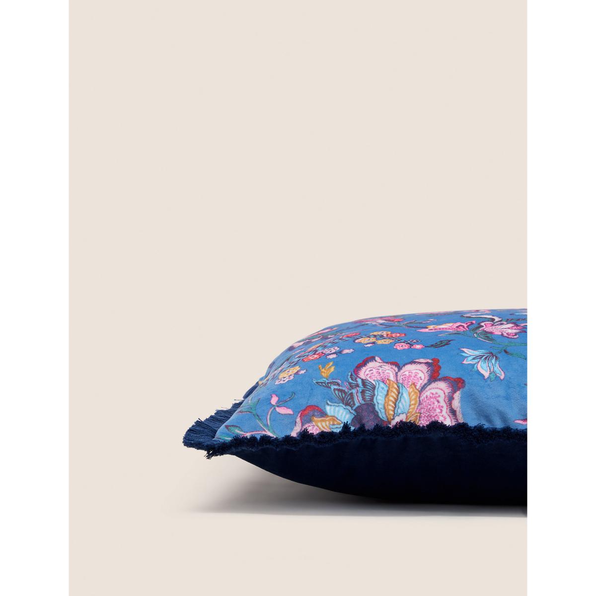 M&S Velvet Floral Fringed Cushion - Blue Mix, Blue Mix – image 2