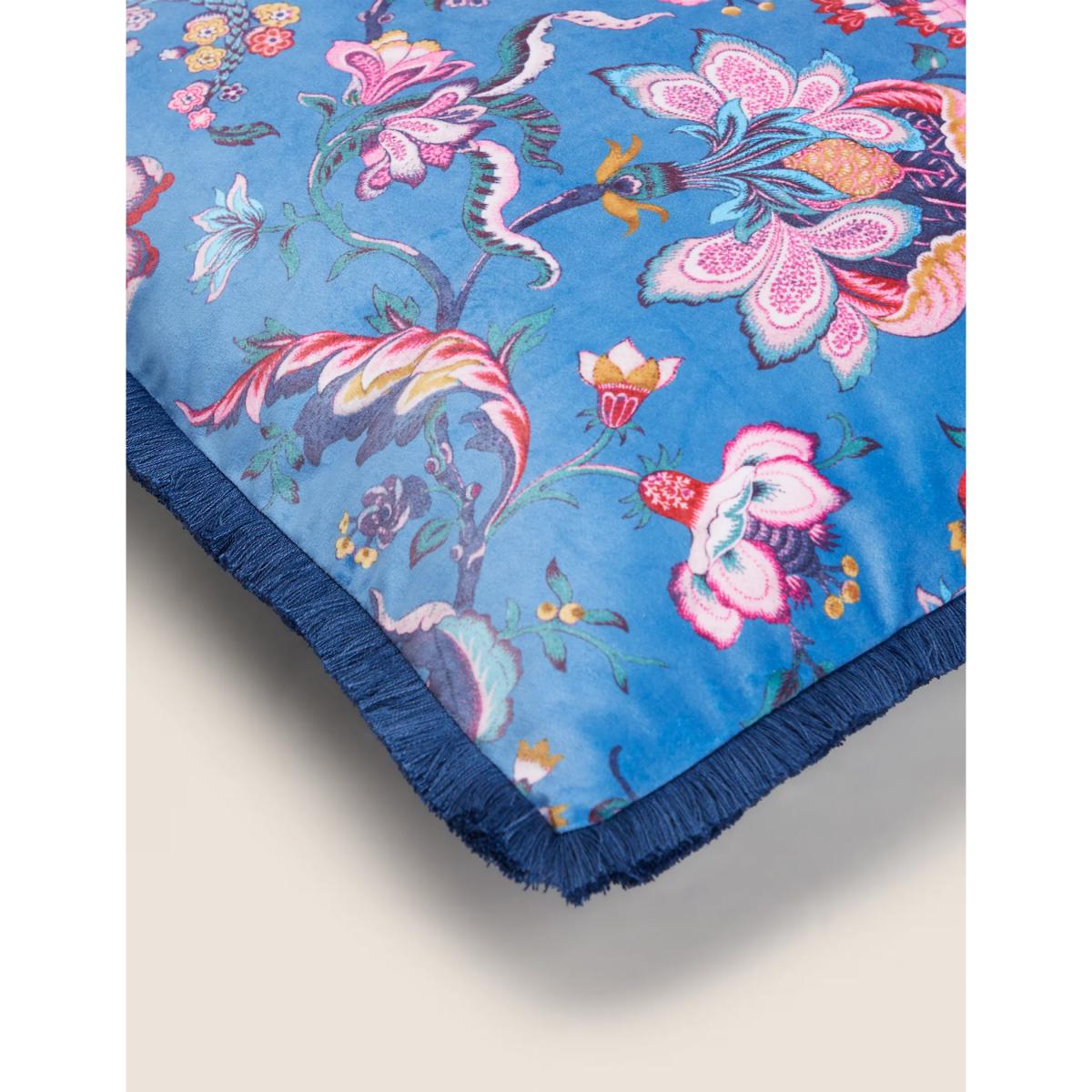 M&S Velvet Floral Fringed Cushion - Blue Mix, Blue Mix – image 5