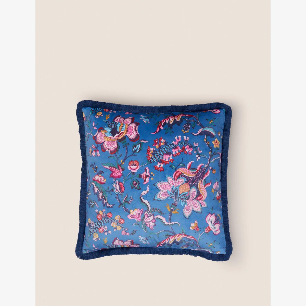 M&S Velvet Floral Fringed Cushion - Blue Mix, Blue Mix – image 1