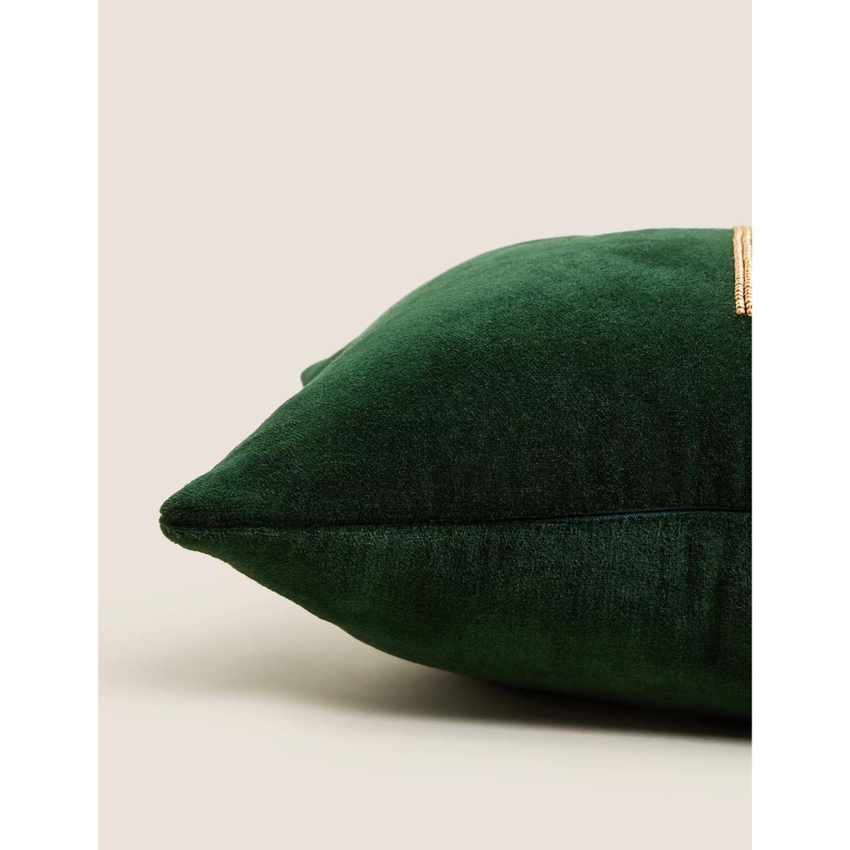 M&S Pure Cotton Velvet Embroidered Palm Cushion - Dark Green, Dark Green – image 2