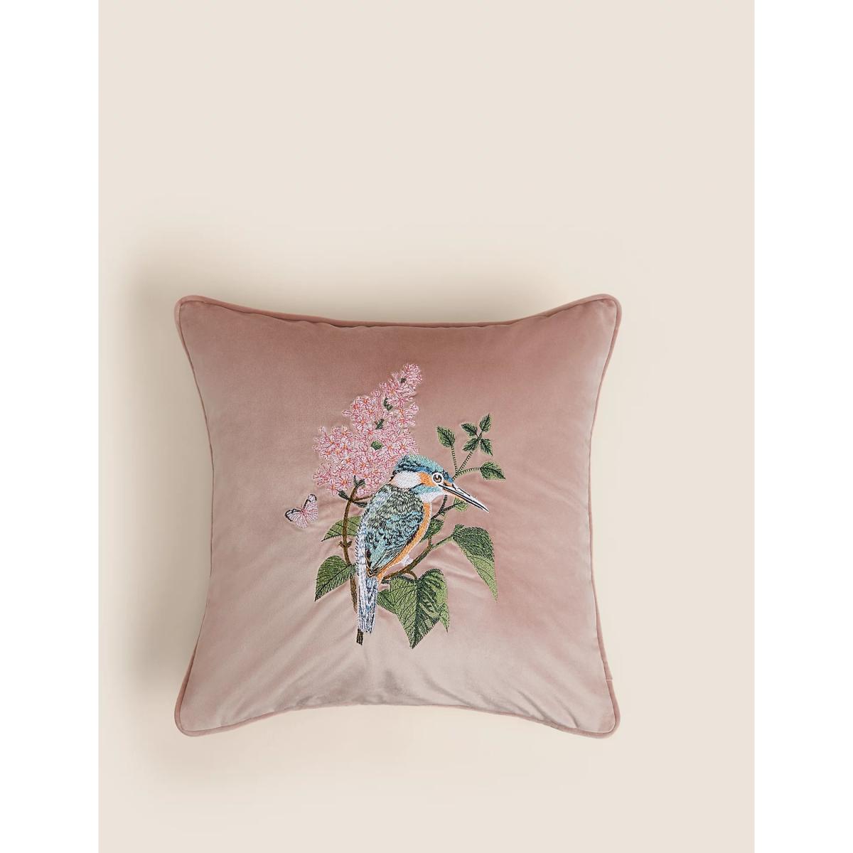 M&S Velvet Floral Bird Embroidered Cushion - Forest Green, Forest Green,Pink Mix – image 4