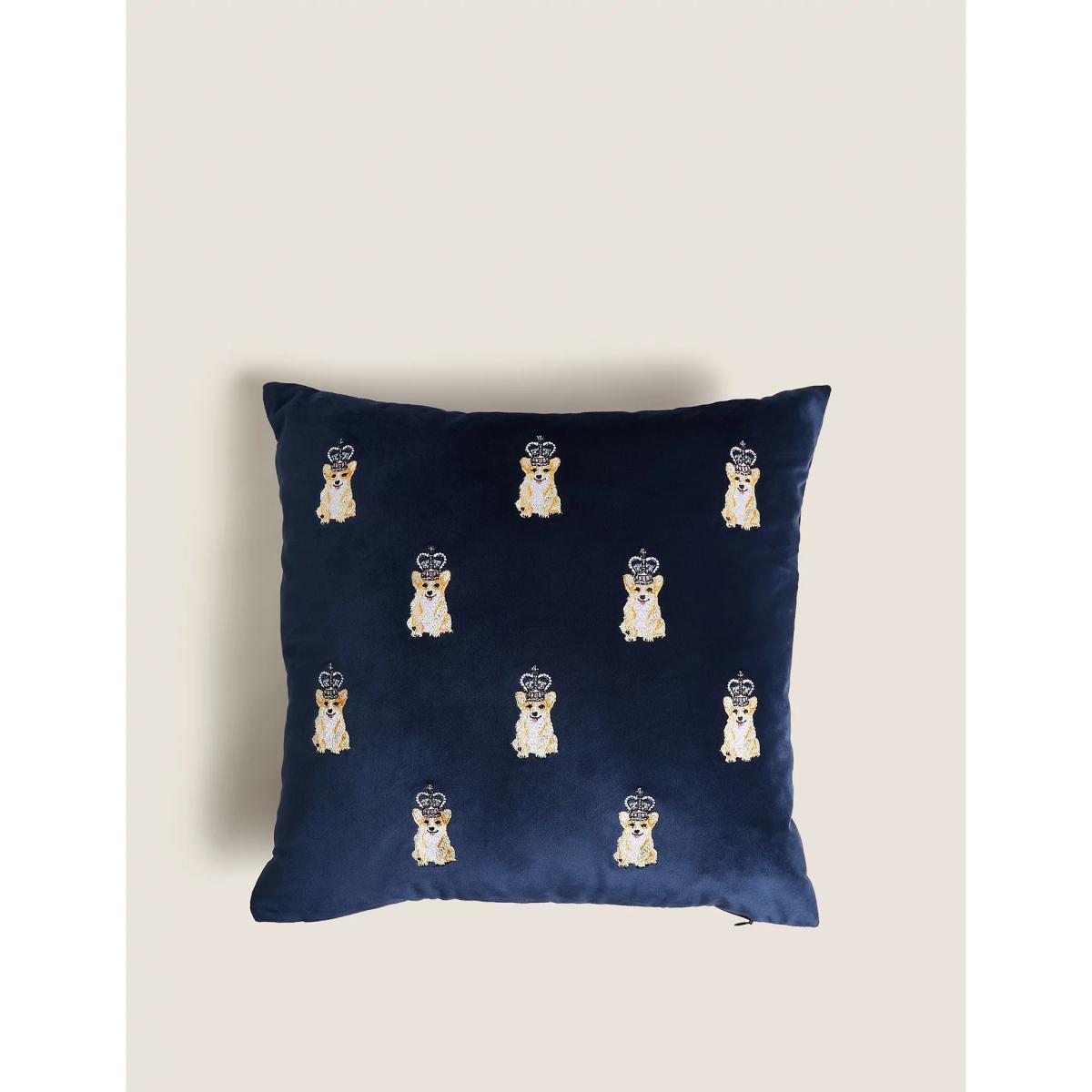 M&S  Velvet Embroidered Corgi Jubilee Cushion - Navy, Navy – image 2