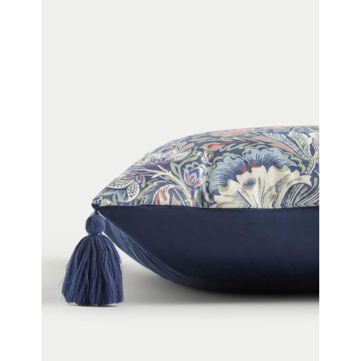 M&S Velvet Floral Tasselled Cushion - Blue Mix, Blue Mix – image 2