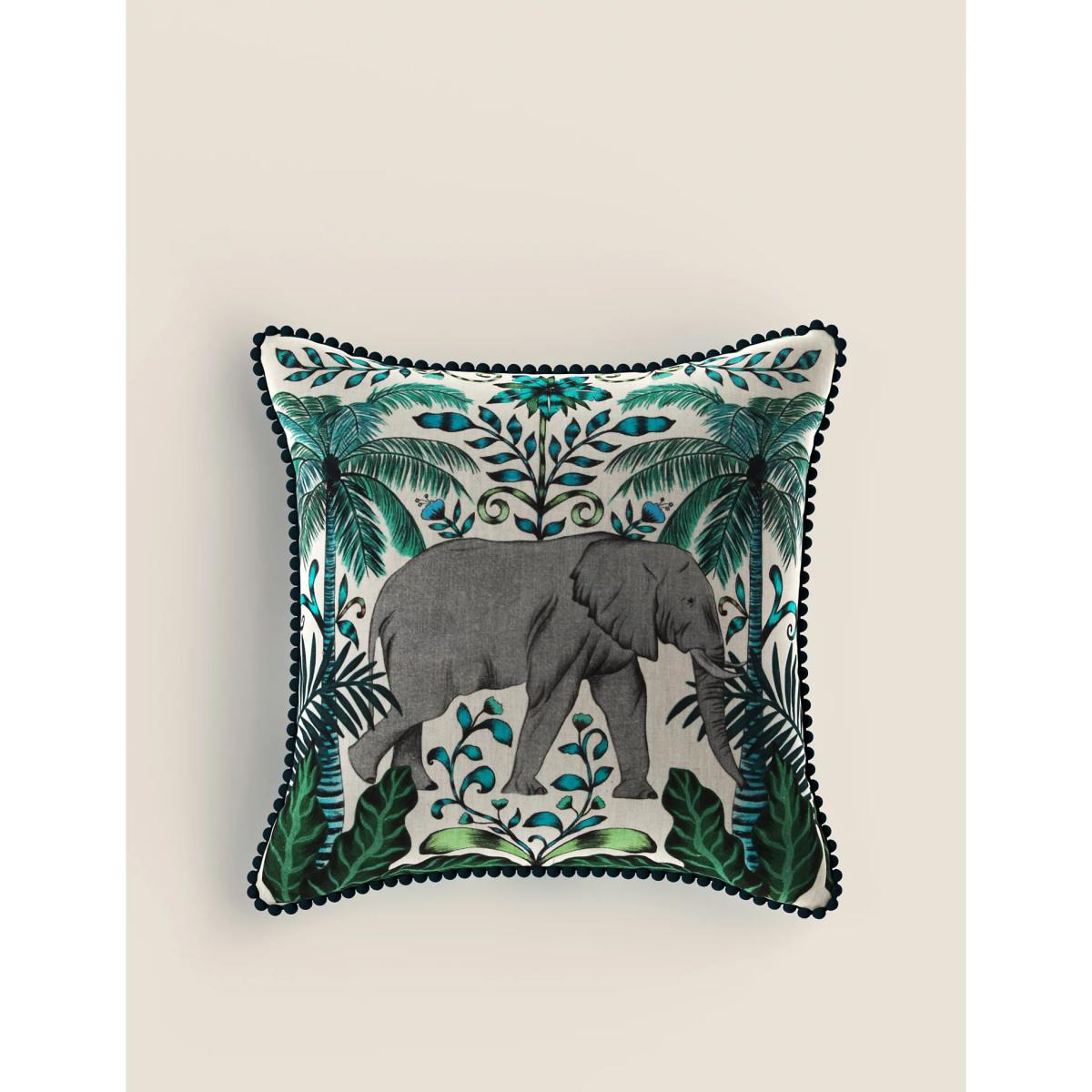 M&S Cotton Mix Printed Elephant Cushion - Blue Mix, Blue Mix