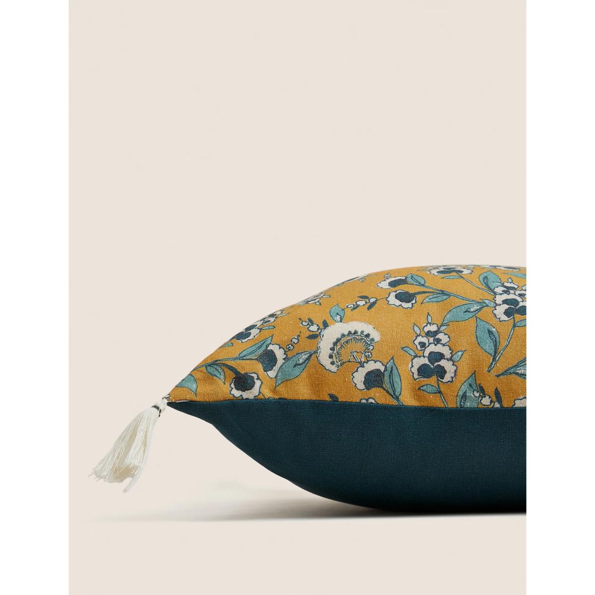 M&S Pure Cotton Floral Tassled Cushion - Blue Mix, Blue Mix,Ochre – image 2