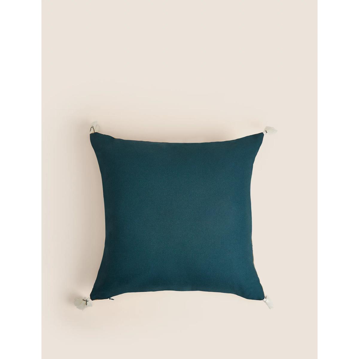 M&S Pure Cotton Floral Tassled Cushion - Blue Mix, Blue Mix,Ochre – image 3