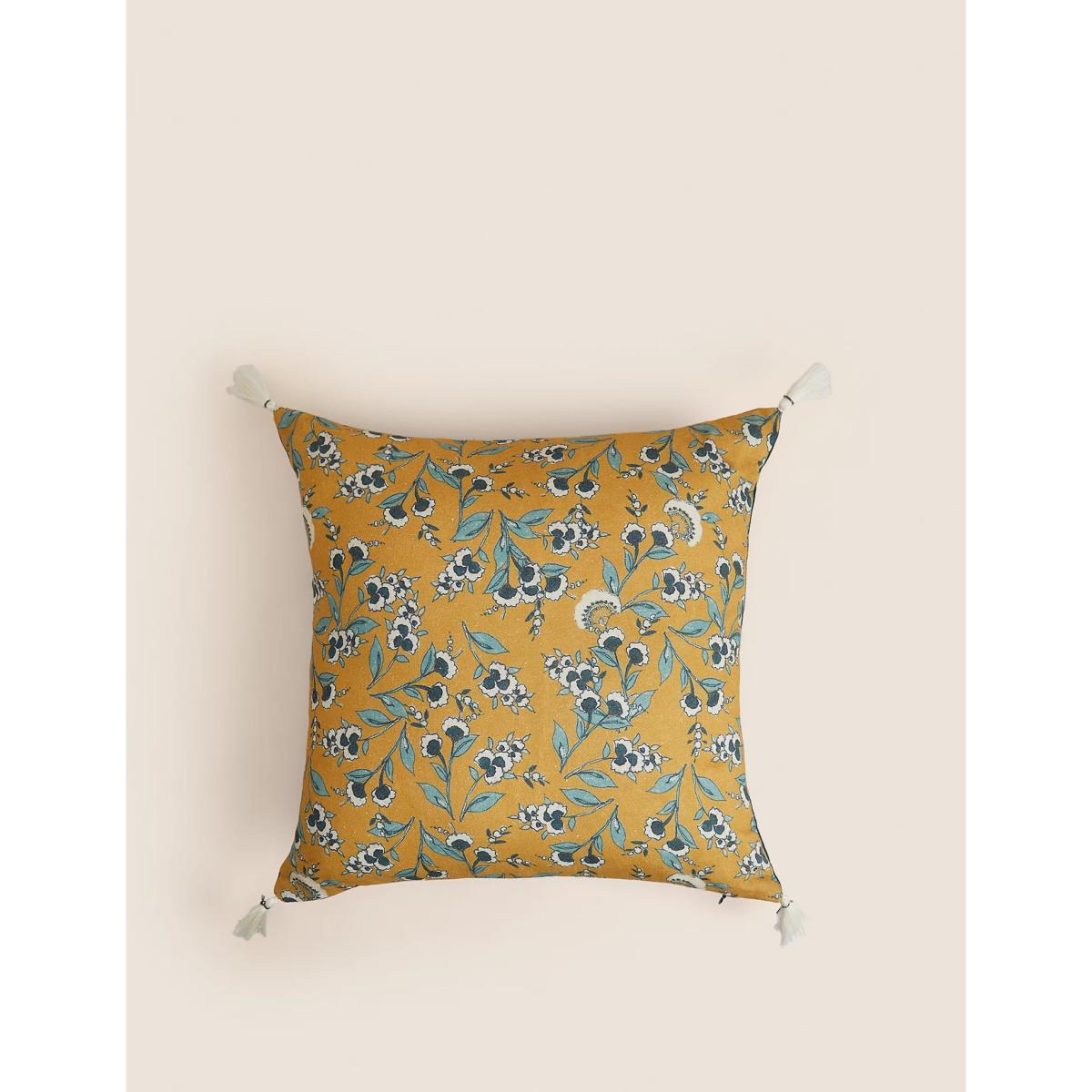 M&S Pure Cotton Floral Tassled Cushion - Blue Mix, Blue Mix,Ochre – image 4