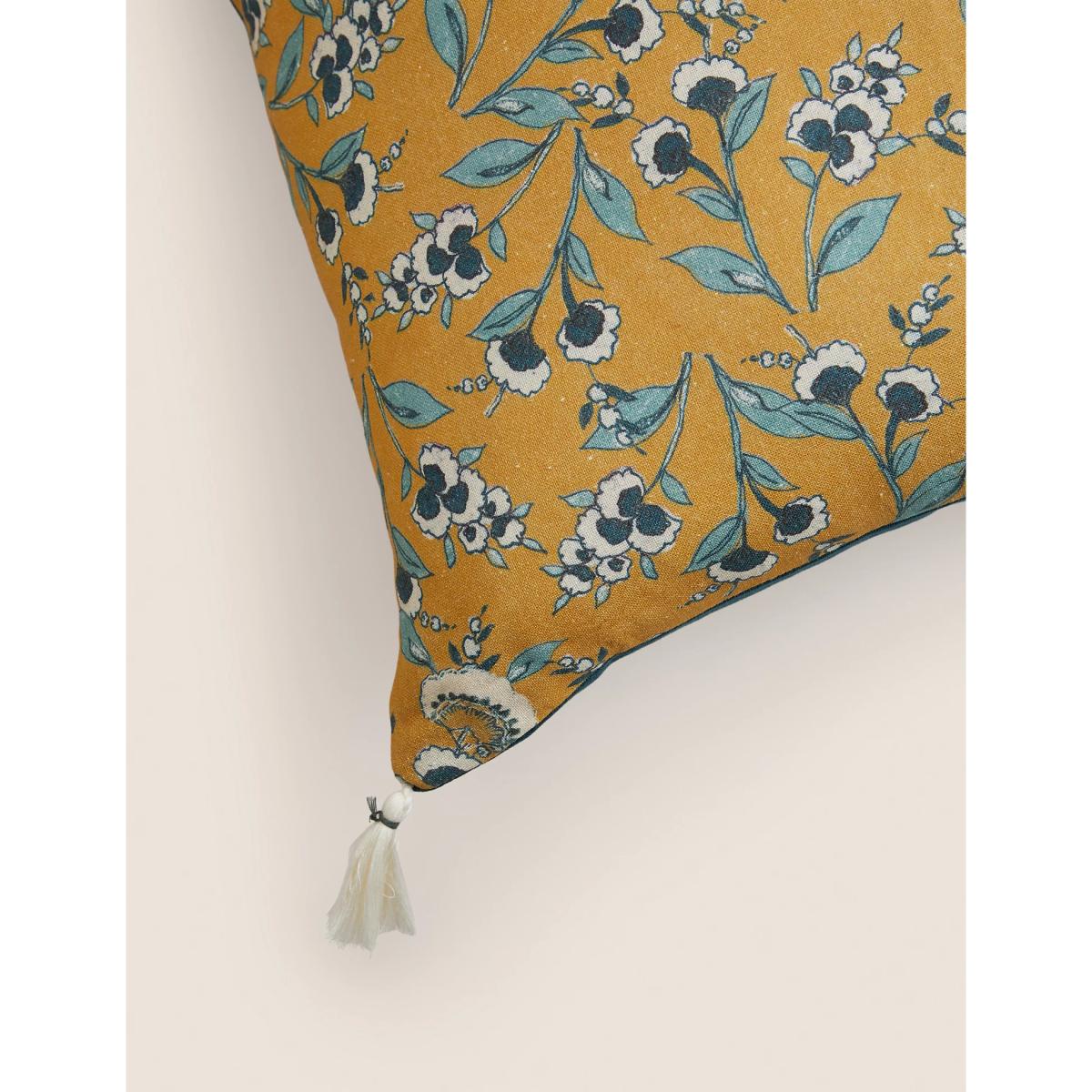 M&S Pure Cotton Floral Tassled Cushion - Blue Mix, Blue Mix,Ochre – image 6