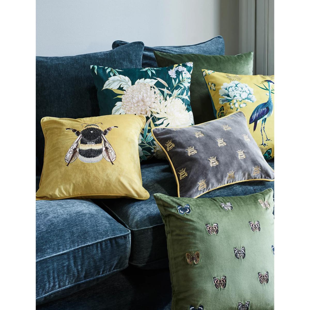 M&S Velvet Bee Embroidered Cushion - Emerald, Emerald,Navy – image 7