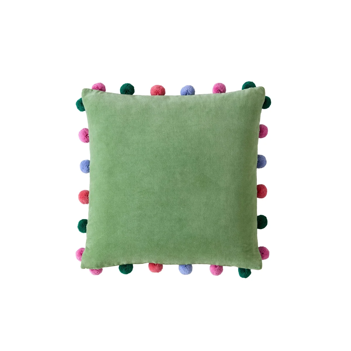 Bluebellgrey Pure Cotton Velvet Pom Pom Cushion Medium Green – image 2