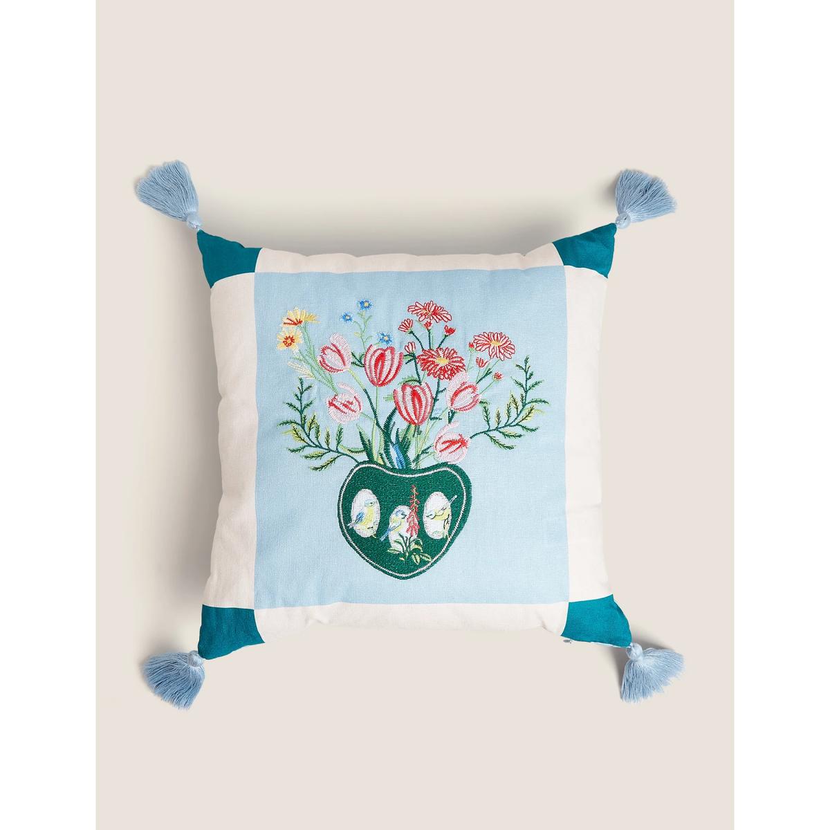 M&S Linen Blend Embroidered Cushion - Green Mix, Green Mix – image 1