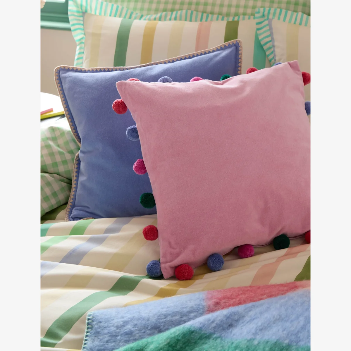 Bluebellgrey Pure Cotton Velvet Pom Pom Cushion Light Pink – image 1