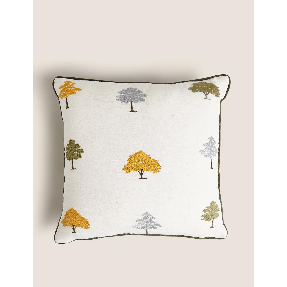 M&S Cotton Rich Embroidered Trees Cushion - Green Mix, Green Mix – image 2