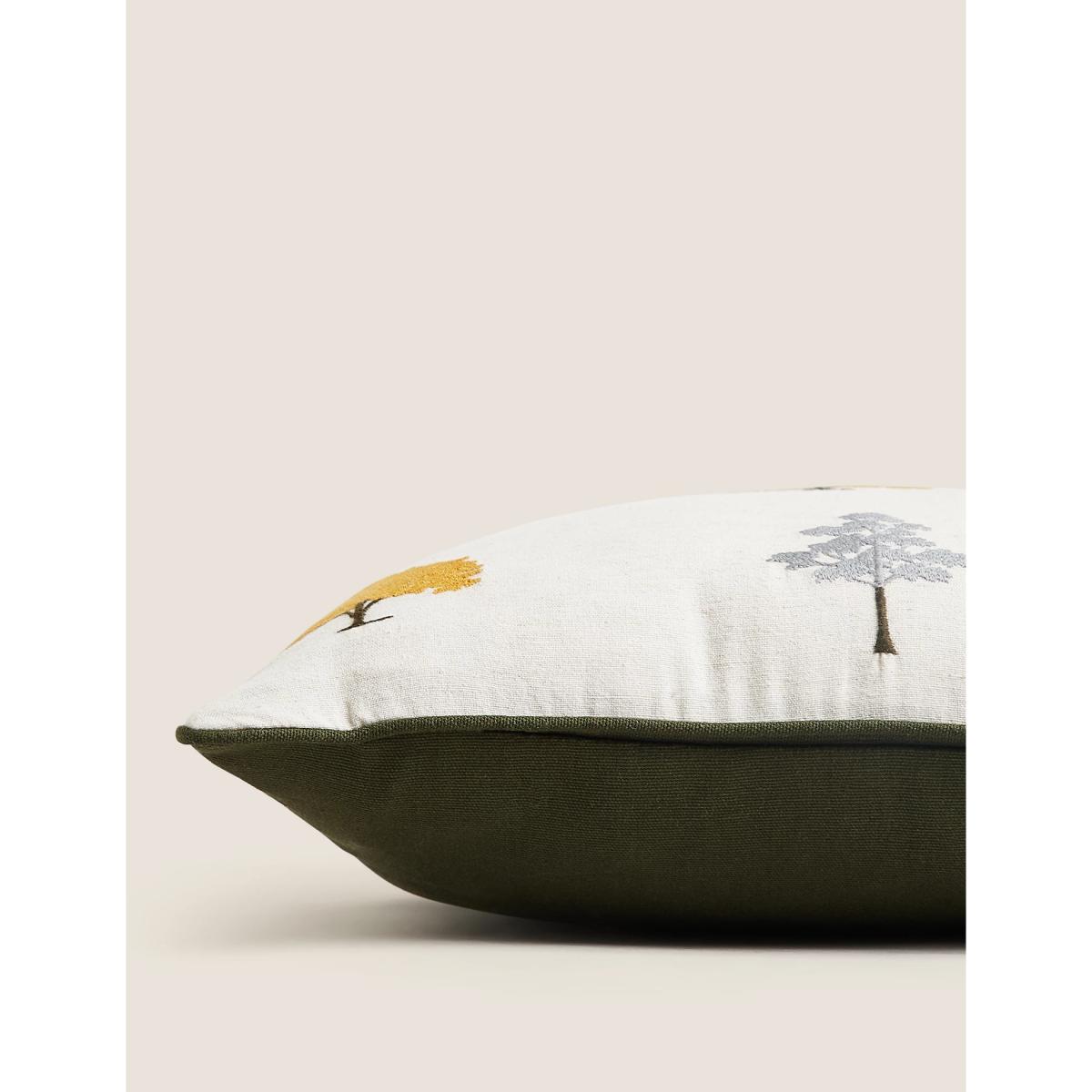 M&S Cotton Rich Embroidered Trees Cushion - Green Mix, Green Mix – image 1