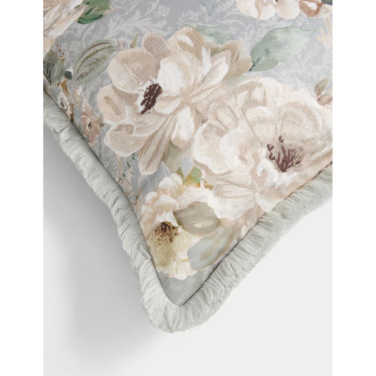 M&S Pure Cotton Floral Fringed Cushion - Green Mix, Green Mix – image 4