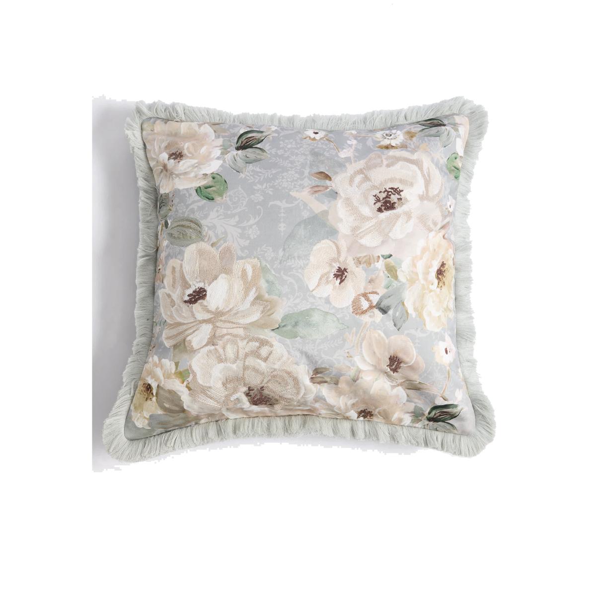 M&S Pure Cotton Floral Fringed Cushion - Green Mix, Green Mix – image 1