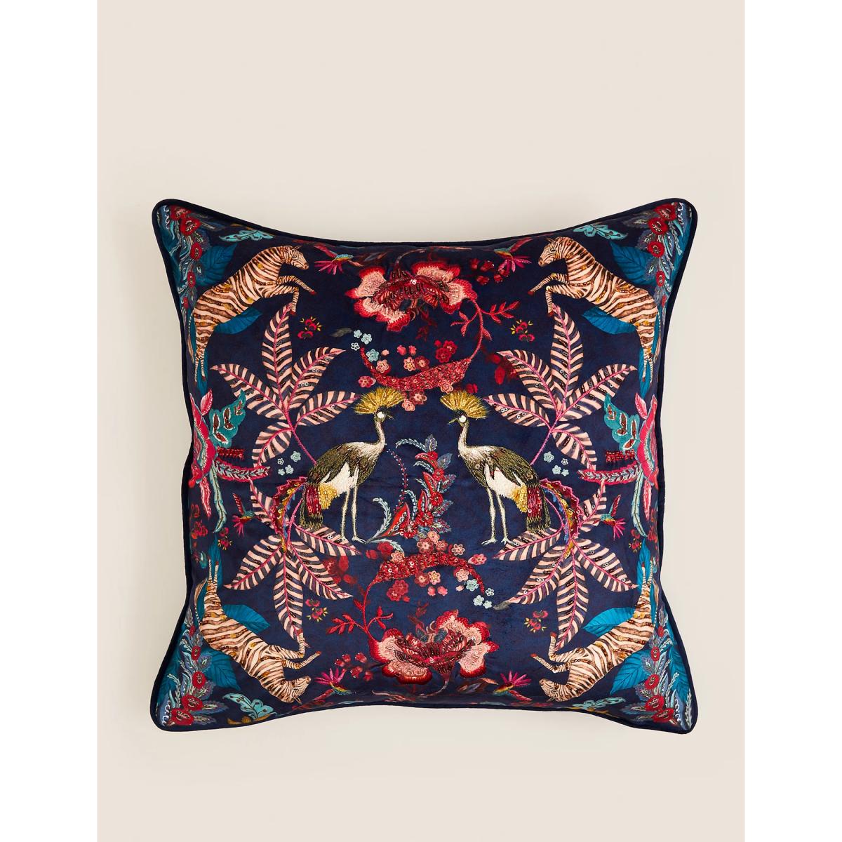 M&S Velvet Exotic Bird Embellished Cushion - Navy Mix, Navy Mix – image 3