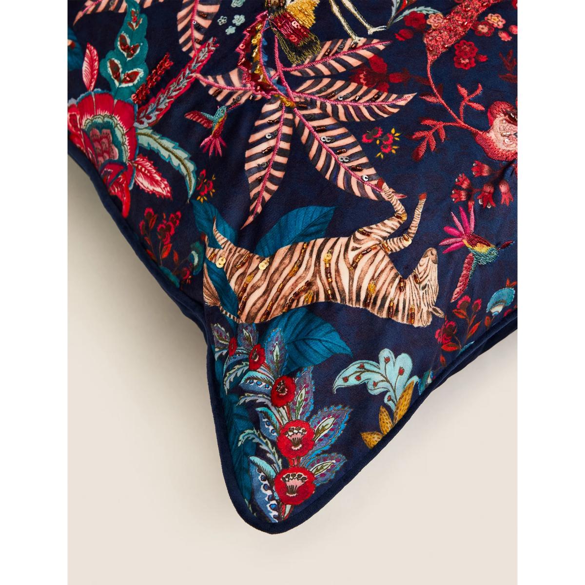 M&S Velvet Exotic Bird Embellished Cushion - Navy Mix, Navy Mix – image 5