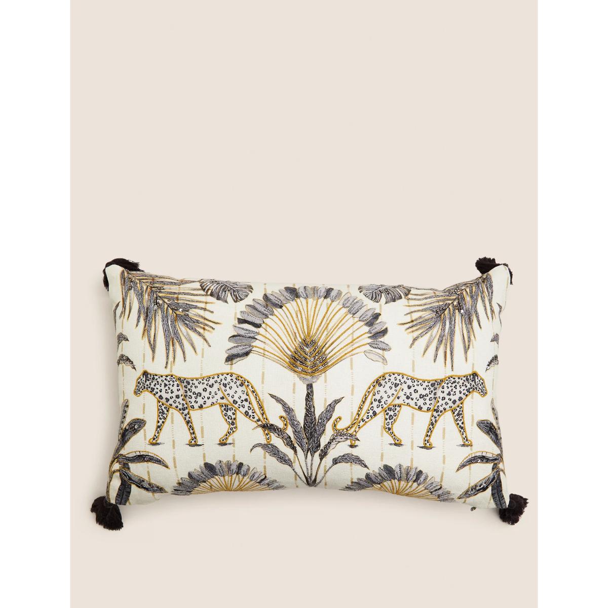 M&S Cotton Blend Leopard Embroidered Bolster Cushion - Multi, Multi – image 1