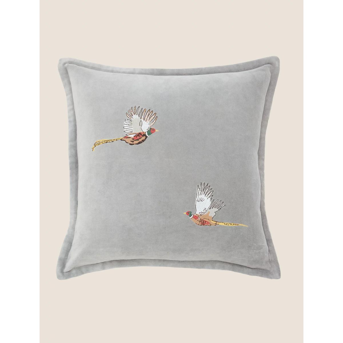M&S Sophie Allport Cotton Velvet Embroidered Pheasant Cushion - Green Mix, Green Mix – image 2