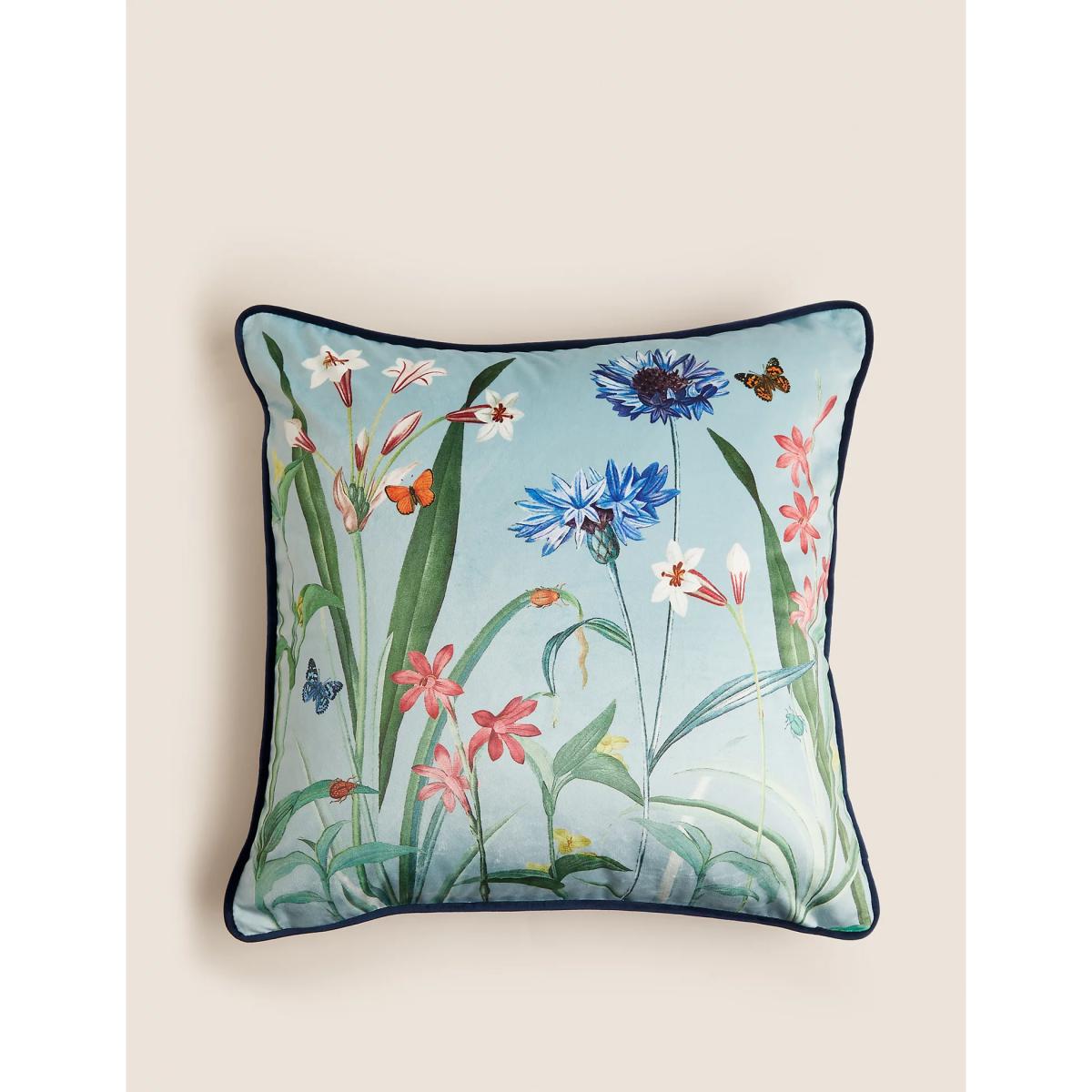 M&S Velvet Butterfly Floral Piped Cushion - Blue Mix, Blue Mix – image 3