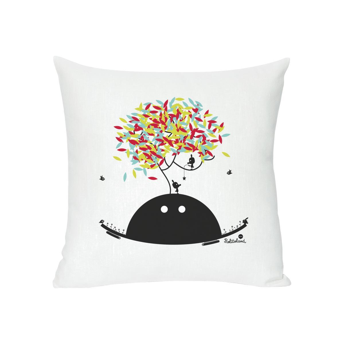Spring wishes Cushion - Screen printed cushion made of linen & cotton by Domestic White/Multicoloured/Black