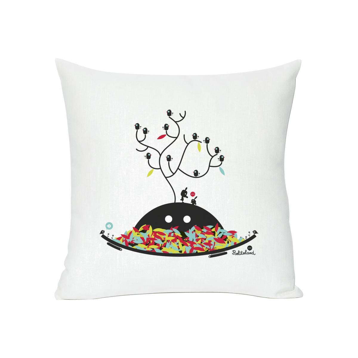 Autumn wishes Cushion - Screen printed cushion made of linen & cotton by Domestic White/Multicoloured/Black