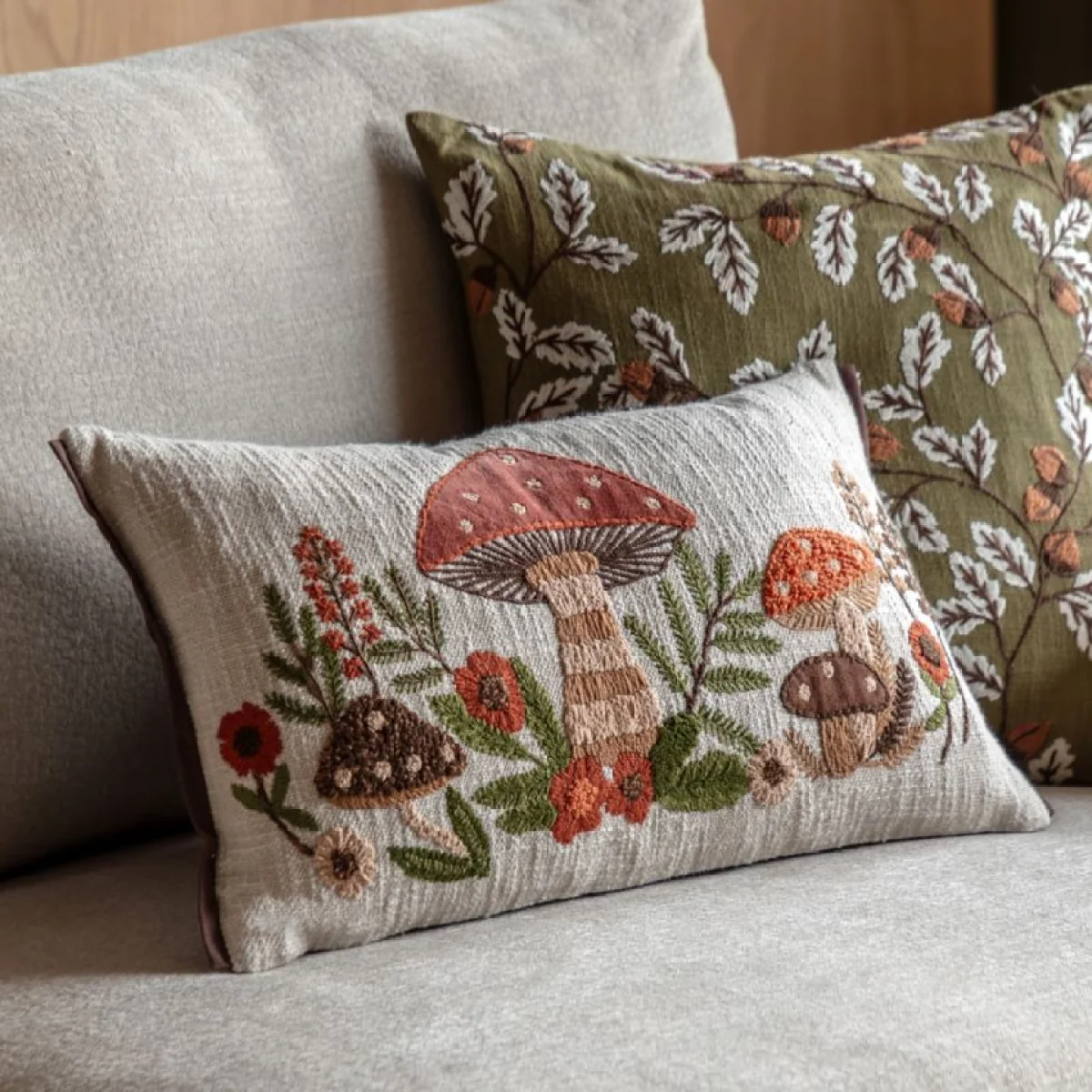 Autumnal Embroidered Mushroom Cushion – image 2