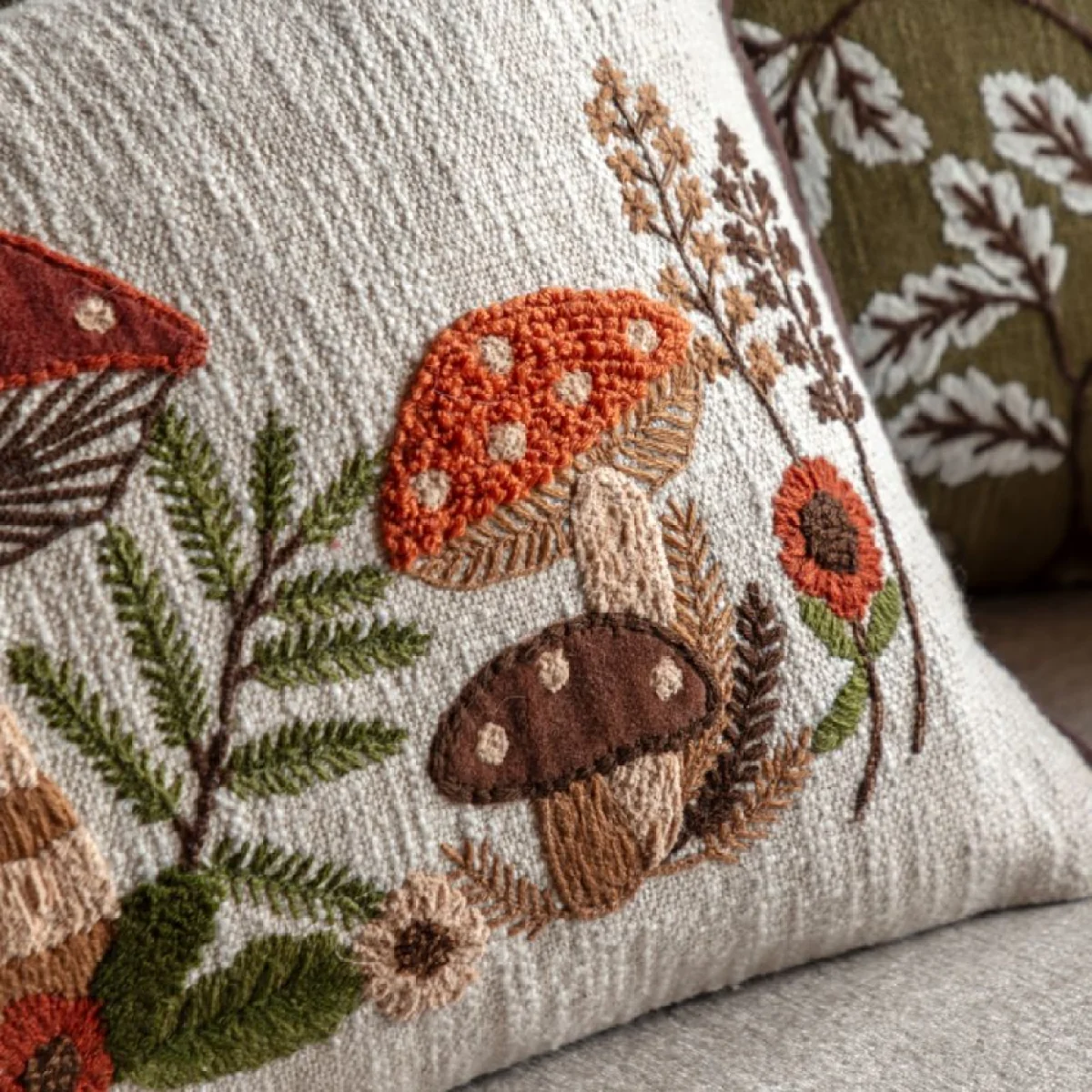 Autumnal Embroidered Mushroom Cushion – image 6